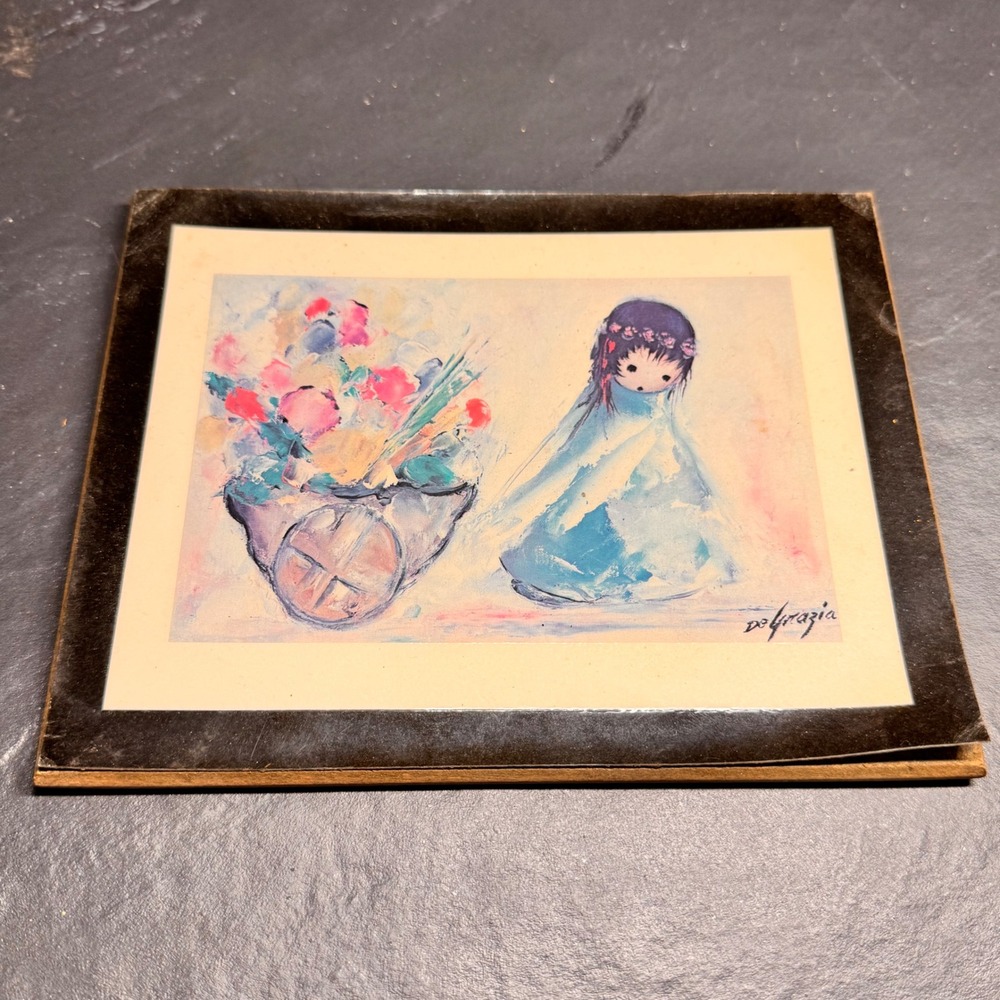 Vintage DeGrazia Laminated Wood Plaque Girl with Flower Cart Scottsdale Art 6.5"